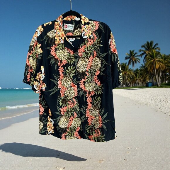 Hilo Hattie Men's Vintage Hawaiian Shirt Black Pineapple Rayon Aloha Large